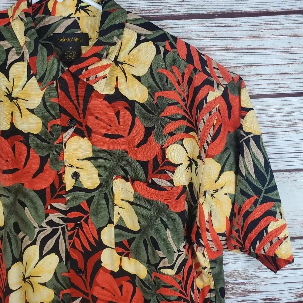 Roberto Villini Mens Medium 100% Silk Floral Hawaiian Shirt #115 - Picture 4 of 9